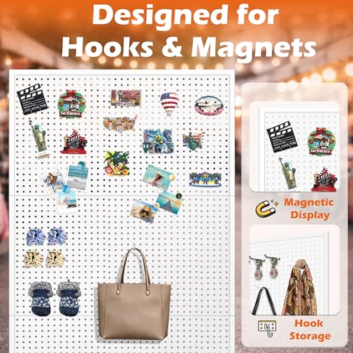 Royxen 3.5 x 6 Feet Metal Pegboard with 50 Hooks, Peg Board Display Stand with Wheels, Large Standing Pegboard Displaywith T-Base Art Display Stand for Retail Stores Exhibitions Homes (White) - color: White