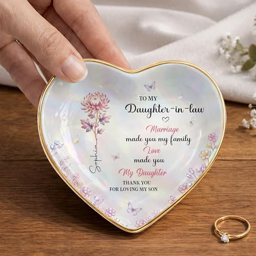 Personalized Heart Shape Jewelry Dish for Daughter-in-Law, Ceramic Trinket Tray Ring Holder With Custom Birth Flower, “Marriage Made You Family, Love Made You My Daughter” Keepsake - color: Daughter In Law 129