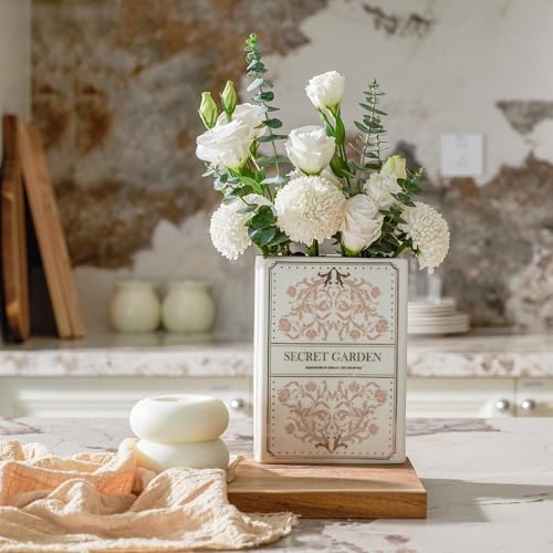 Ceramic Book-Shaped Vase for Flowers, Book Lovers Gifts Planter Pot, Aesthetic Room Decor Cute Unique Flowers Vases for Home, Bookshelf, Bookish, Bedroom & Office Decor for Women, Reader Gift (White)