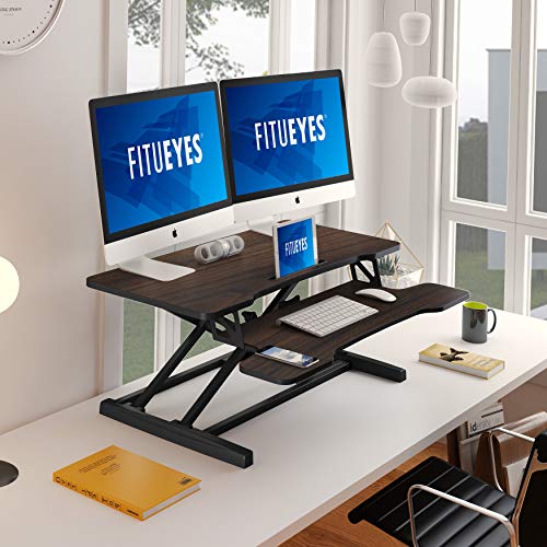 FITUEYES Height Adjustable Standing Desk 36” Wide Sit to Stand Converter Stand Up Desk Tabletop Workstation for Laptops Dual Monitor Riser Brown SD309102WE - color: Brown