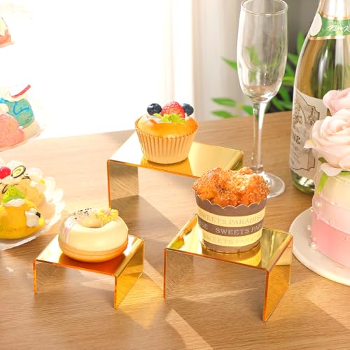 Chuangdi 2 Sets Acrylic Display Risers, Product Stand, Jewelry Display Riser Shelf Showcase Fixtures for Dessert Cupcake Candy Figure Treat Action Showcase(Gold,Small Set) - color: Gold, size: Small Set