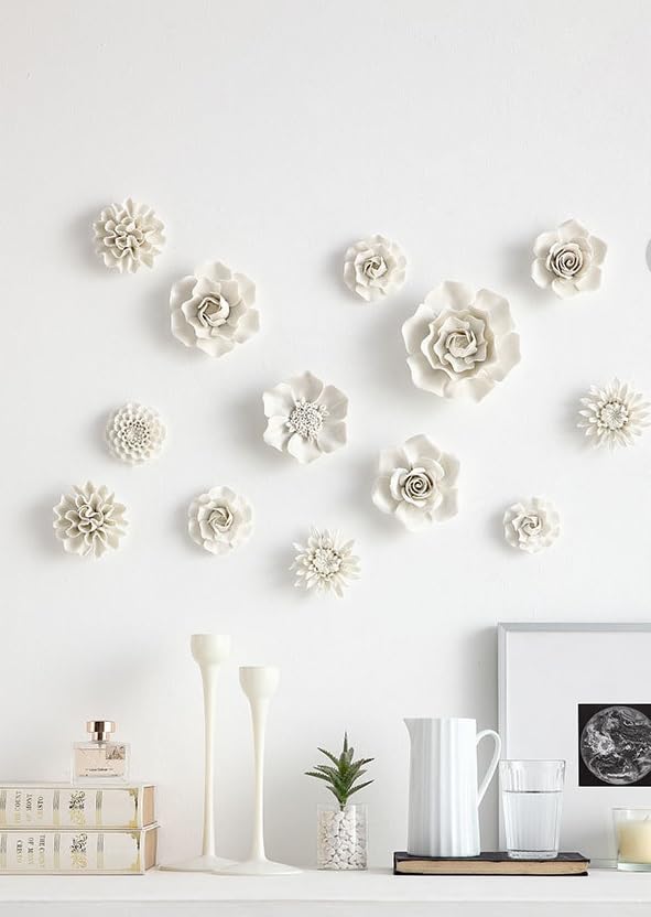 Ceramic Flower Wall Art, Artificial 3D Handmade Porcelain Flower Wall Hanging Sculpture Decor for Home Office (White, Paeonia Lactiflora, 2.95") - color: White,Paeonia lactiflora，2.95"