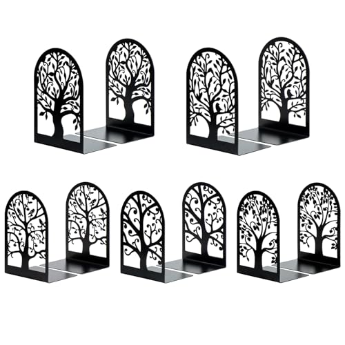 HappyHapi Book Ends, Metal Bookends for Shelves, Modern Tree Book Ends Decorative, Heavy Duty Book Holders Book Stoppers for Home Office Decor, 6.9"x4.7"x3.5" (5 Pairs/10 Pcs)