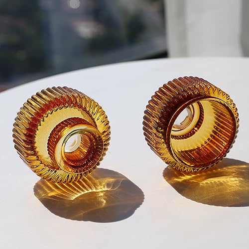 Woho Candlestick Holders Set of 4, Amber Votive Candle Holders for Fall Wedding Table Centerpiece, Ribbed Glass Taper Candle Holders for Dinner Party Halloween Thanksgiving Decor - color: Amber