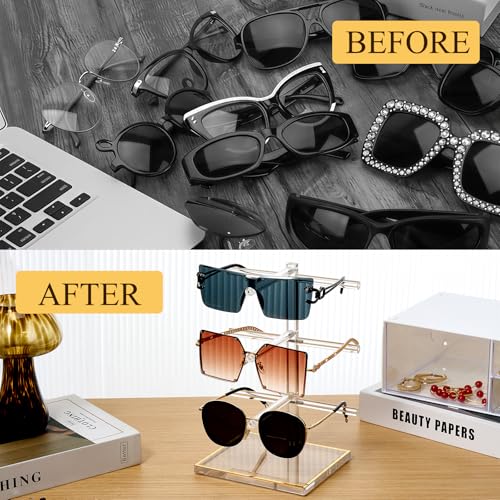 3-Tier Acrylic Sunglasses Display Stand, Gold Trimmed Eyeglasses Stands, Luxury Clear Vertical Glasses Holder for 3 Pairs Frames, Dresser Office Countertop Retail Boutique Counter Display - size: 1PC(3-TIER)
