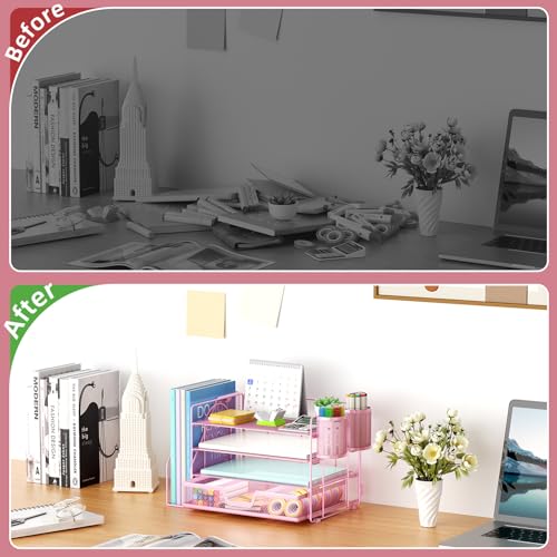 Marbrasse Desk Organizer and Accessories，4-Tier Paper Letter Tray Organizer with File Holder, Workspace Desk Organizers Accessories with Drawer and 2 Pen Holder (Pink, 15.4" x 9.1" x 8.3") - color: Pink