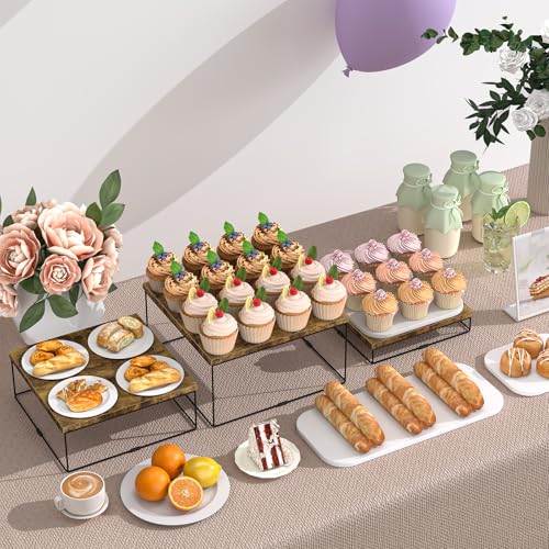 ELITEROO Buffet Risers, 3 Pack Wooden Risers Display Stands, Square Food Risers for Buffet Table, Tiered Dessert Display Stands, Food Stands for Display Party, Rustic Brown, 9"x10"x11" - size: 9"x10"x11"
