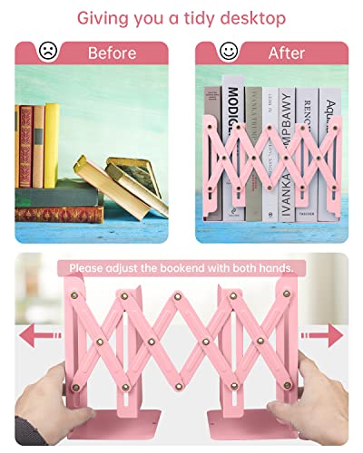 Honagu Adjustable Bookends, Metal Book Ends for Shelves Heavy Book, Desk Magazine File Organizer for Home, Office, Books, Papers, Extends up to 19 inches, for Students,Teachers (Pink) - color: Pink