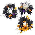 Halloween Candle Rings Wreath Fall Candle Rings Artificial Leaves Wreaths for Halloween Party Decorations 2 Pack Rose Skull Black Wreaths for Home Art Decor