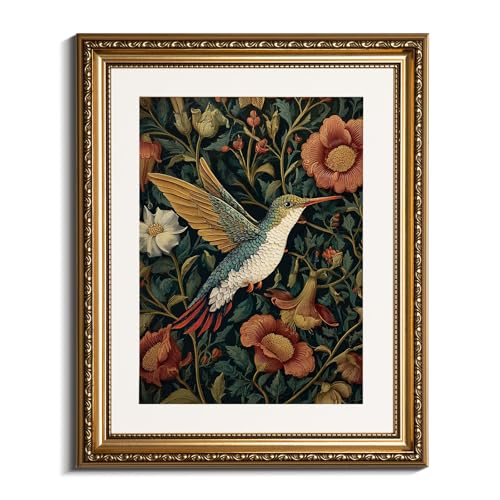 InSimSea Gold Picture Framed Wall Art, Living Room Vintage Moody Hummingbird Wall Decor, William Morris Botanical Canvas Print Art, Home Farmhouse Decor, Antique Paintings with Frame 13x16inch - color: Flower Bird, size: 16"L x 13"W