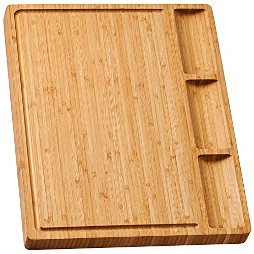 Large Bamboo Wood Cutting Board for Kitchen, Cheese Charcuterie Board with 3 Built-in Compartments and Juice Grooves, Butcher Block (17x12.6") - size: 17"L x 12.6"W