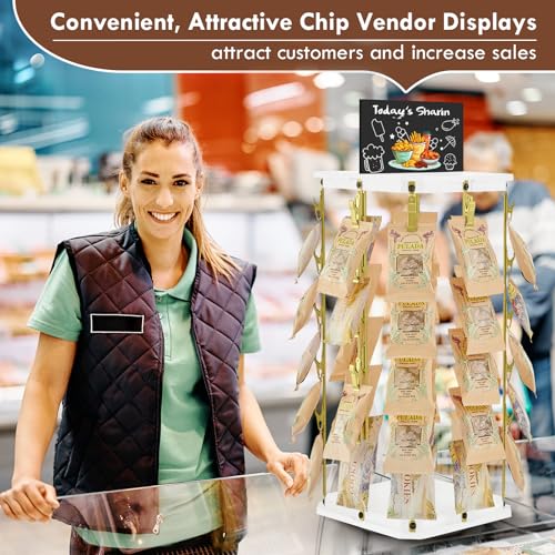 Pinzoveco Chip Rack Display Stand, 5 Tiers 40 Clips Snack Organizer for Office Desk, 360° Rotating Wooden Base Chip Holder Candy Display for Concession Stand, Countertop, Party, With Message Board - color: White & Gold