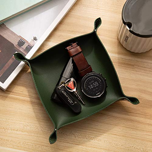 SANQIANWAN Leather Jewelry Valet Tray for Women and Man, Entryway Table Bedside Nightstand Desk Portable Small Catchall Travel Dish Plate for Key,Wallet,Watch,Phone,Coin(Dark Green-B) - color: Dark Green-b, size: 8×8