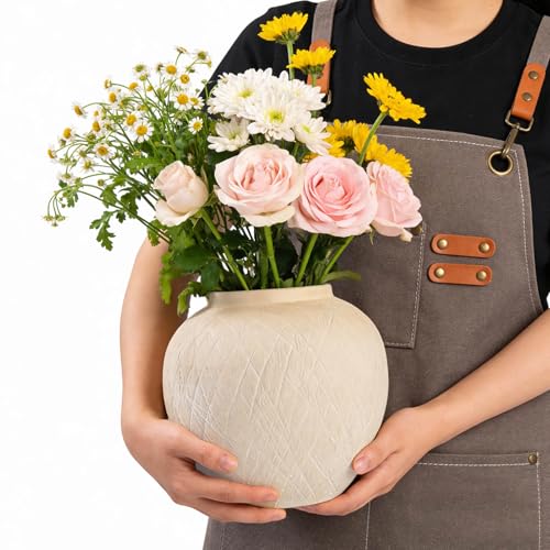 Large Carved Rustic Farmhouse Vase Home Decor - 8.8 in Ceramic Boho Decorative Vase for Decor, Round Clay Beige Terracotta Bowl vase for Living Room, Table, Shelf, Centerpieces - style: 03 - Large Rustic Carved Beige