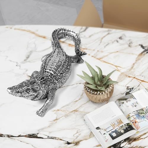 HAUCOZE Silver Crocodile Sculpture Animal Figurine Statue Modern Home Decor Table Centerpiece Gift for Bookshelf Desktop 14.2 Inch - color: Silver