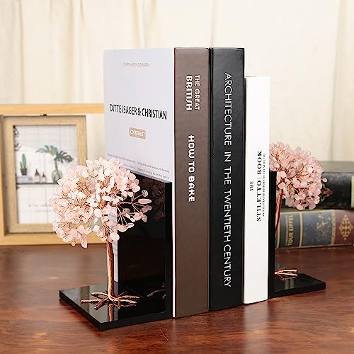 mookaitedecor Natural Rose Quartz Crystal Money Tree Stones Bookends, Decorative Acrylic Stone Tree Book Ends for Shelves Desktop Organizer Home Office,5.7-6.3inch (1 Pair) - color: Pink, size: 5.7-6.3 Inch