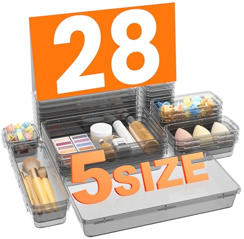 A-LuGei 【Military Grade】 Drawer Organizer, 【𝟱𝗦𝗶𝘇𝗲】 Clear Makeup organizer, 【Holds 177 Items】 Bathroom Organizers and Storage, Plastic Desk Organizer Divider, Organizer Bins for Office Vanity - color: Clear Black