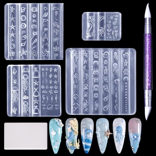 Laza 4pcs Ocean Silicone Nail Art Molds, 3D Mermaid, Starfish, Seashell, Jellyfish Nail Charms Molds Clear Modeling Templates Silicone Beach Nails Pattern Nail Tools with Sculpture Pen for Nail Design - color: Ocean world