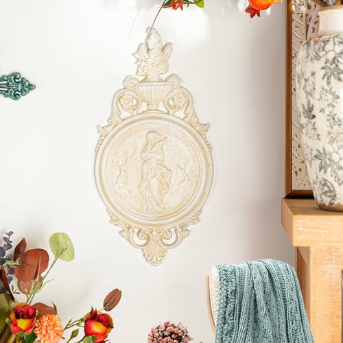 Sungmor Ornate Cast Iron Wall Art Plaque – Classical Woman Relief in French Country Style, Decorative Wall Sculpture - Vintage Hanging Décor for Home, Garden, or Patio – Antique White Finish - color: Vintage White & A