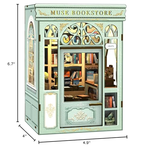 Cutefun Book Nook Kit - DIY Miniature Dollhouse Kit 3D Creative Decorative Bookend 3D Wooden Puzzle for Adults, Bookshelf Insert Library Decor with LED Light (Muse Bookstore)