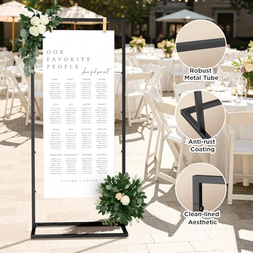 Welcome to Our Wedding Sign Stand, Adjustable Portable Seating Chart Holder for Wedding Entrance Reception, Black Metal Linen Fabric Display Easel with Design Bundle & Hanging Straps for Party Décor