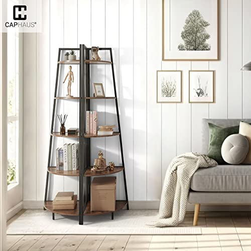 CAPHAUS Tall Corner Shelf Stand, 5-Tier Display Shelves, Ladder Corner Wood Storage Plant Bookshelf with Metal Frame, Versatile Shelving Unit Bookcase for Home Office Space, Rustic Oak - color: Rustic Oak, size: 5-Tier