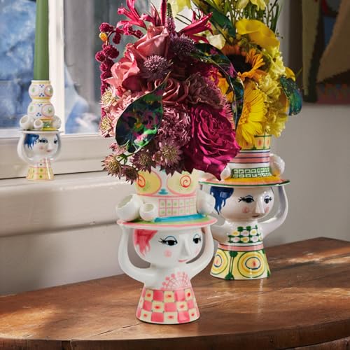 Bjørn Wiinblad Lady with Hat Vase | Hand-Painted Glazed Ceramic | Pink Yellow | 8.1 in