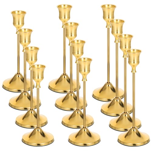 12Pcs Brass Gold Metal Taper Candle Holders, Vintage Candlestick Holder, Decorative Metal Candle Sticks, Candlesticks for Table Mantel Wedding Home Decor Housewarming Gift