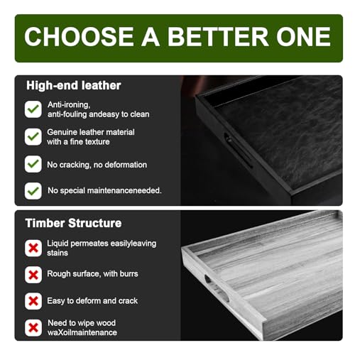20 * 14 inches Leather Rectangle Serving Tray with Hole Handles,High-End Light Large Service Tray for Ottoman Tray, Tea, Food, Butler - Countertop, Kitchen,Family Dinner, Picnic (Black) - color: Black, size: 20" x 14" x 2"