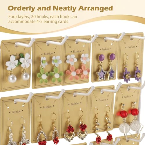 Earring Display Stand for Selling,Earring Display for Vendors, Wood Earring Rack Tower Display Holder Stand with Card (4 Tier,20 Hooks, White) - color: White