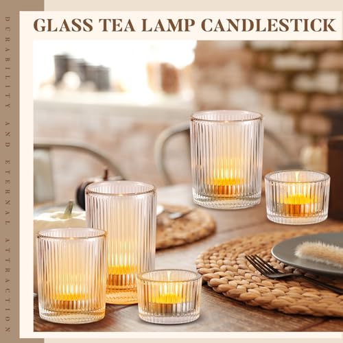 Mumufy 48 Pcs Assorted Votive Candle Holders Ribbed Glass Tealight Candle Holder Bulk for Table Centerpiece, Baby Shower, Home and Wedding Party Decoration (Clear) - color: Clear
