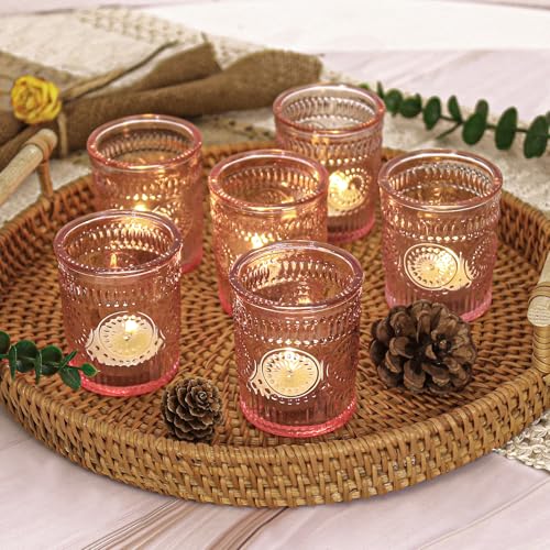 24 Pcs Pink Glass Votive Candle Holders, Tealight Candle Holders for Table Centerpieces, Vintage Candle Holder Bulk, Boho Wedding, Valentine's Day Table Decor (Pink) - color: Pink