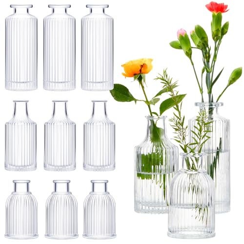 12 Sets Mini Small Vases for Flowers Bulk Glass Ribbed Bud Vases Set for Centerpiece Table Decorative Wedding Reception, Housewarming Gift Holiday Christmas