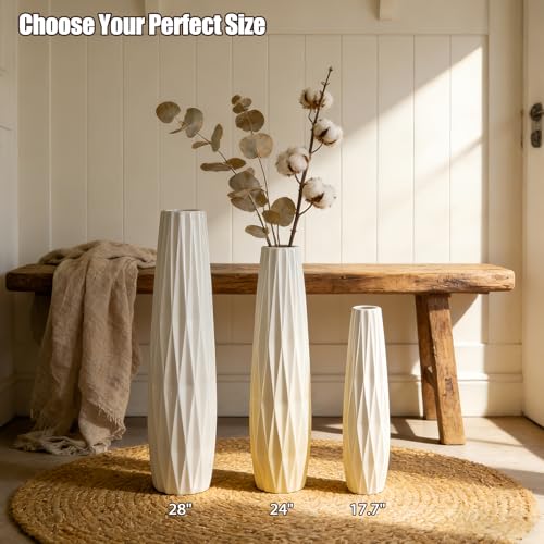 White Ceramic Tall Vase, 17.7" Large Floor Vase for Pampas Grass, Decorative Flower Vases for Modern Home Decor Living Room Office Bedroom Table Centerpieces Shelf Kitchen Wedding Farmhouse Décor - color: Ten Stripes, size: Height-17.7 Inch