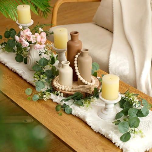 Geelin 6 Pcs Boho Rustic Table Centerpieces, 3 Modern Ceramic Vases, Wooden Slice Tray, Farmhouse Wood Beads Garland with Tassel, Artificial Vines for Dining Home Table Decor(Neutral) - color: Neutral