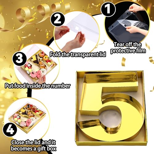 SiliFine 12" Charcuterie Number Shaped Mache with Clear Lid Fillable Sweets Serving Trays Paper Mache Cupcake Candy Box for 2025 Graduation Party Graduation Celebration(Gold,Number 5) - color: Gold, style: Number 5