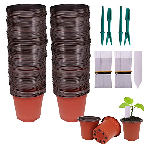 200 Pcs 4 Inch Plastic Seedlings Plants Nursery Pots with 200 Pcs Waterproof Plastic Plant Tags and 2 Set Transplanting Digging Mini Tools for Outdoor use(Red Brown) - size: 4 inch(200pcs)