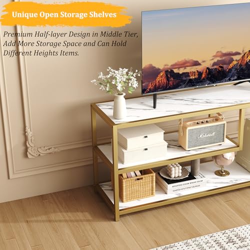 Function Home TV Stand for TVs up to 55 Inch, 3 Tier Entertainment Center, Media Console with Open Storage Shelves for Living Room Bedroom, 47” Modern TV Table with Faux Marble Top Gold Metal Leg - color: 47" Gold