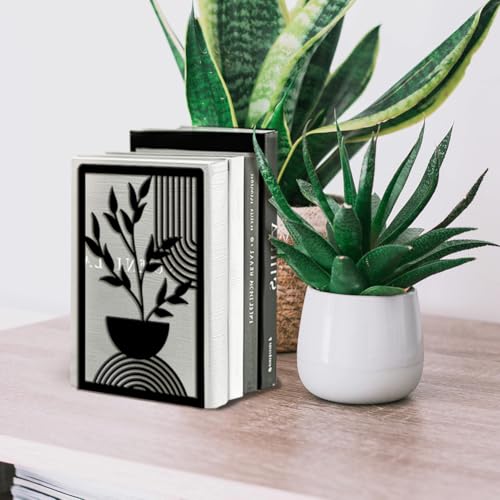 Peacoblue Metal Bookends for Shelves, Modern Decorative Heavy Duty Study Book Ends Stoppers for Office, Desk, Shelf, Room 5.3"x4.3"x7.9" Cast Iron Simple Tall Bookends 1 Pair (Bohemian Leaves) - style: Bohemian Leaves