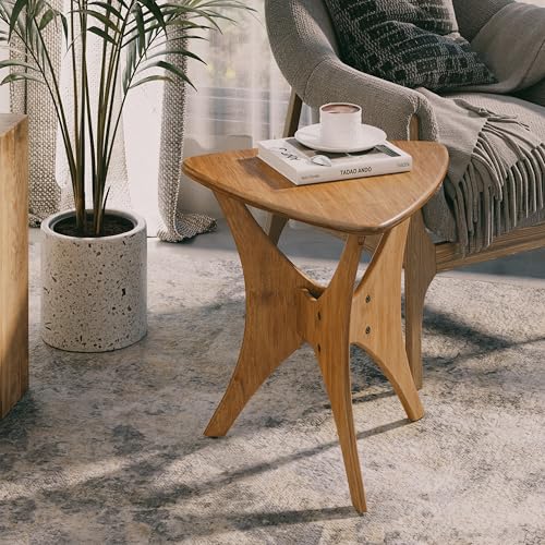 COZAYH Modern Triangle Wood End Table with Cross-Leg Rubberwood Base, Mid-Century Small Accent Side Table for Living Room, Easy Assembly, Natural, Brown