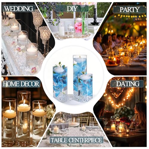 24 Pcs Floating Candles 12 Glass Vases for Centerpieces with 400 Acrylic Fake Ice Cubes 6 Pearl String Vase Filler Floating Candle Centerpieces for Tables Party Event Wedding Home Decor