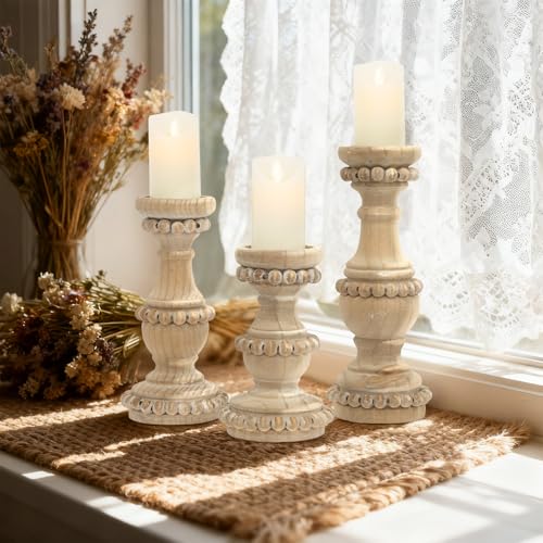 Farmhouse Wooden Candle Holders for Pillar Candles, Set of 3 Vintage Wooden Beaded Candle Holder, Tall Candle Stand Decorative for Living Room, Table Centerpiece (Natural) - color: Natural