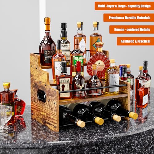 KLM 4-Tier Wood Display Shelf, Black Modern Bottle Organizer, Countertop Bar Stand for Liquor, Coffee Syrup, (Brown) - color: Brown