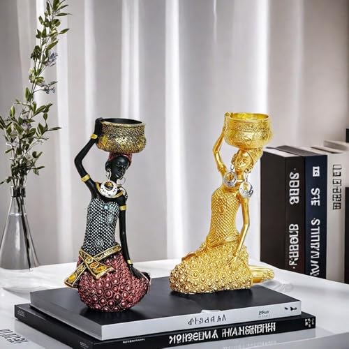 2 Pack African Women Sculpture,6.5in Black Tribal Lady Figure Figurine Candle Holder African American Women Statue Collectible Art Crafts Home Centerpieces Tabletop Ornaments Decoration Candleholder - color: B 2 Pack