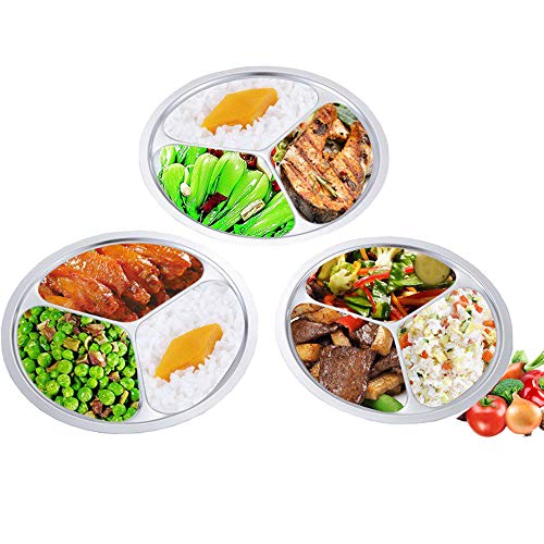 Stainless Steel Divided Plates 2 Pack 9.5 Inch Portion Control Plate 3 Sections Mess Trays for Adults Bariatric Weight Loss & Diabetic Diet, Reusable Camping Food Tray Unbreakable Lunch Plates - size: 9.5 Inch (3 Sections)