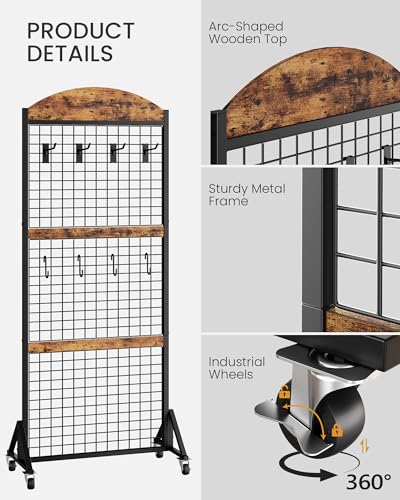 CHOEZON Grid Wall Panel 5.7’ x 2’ FT Grid Display Rack, Movable Gridwall Display Stand with Wheels,Floorstanding Wire Grid Rack with 4 S-Shaped Hooks and 4 Garment Hooks Rustic Brown and Black TCJ17BF - color: Rustic Brown and Black