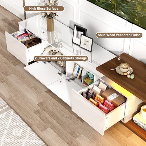 Extendable TV Stand with LED Light, Modern Entertainment Center for up to 120 Inch TV, Wood TV Media Console with 2 Drawers & 2 Cabinets for Living Room Bedroom, 75"-110", High Gloss White & Walnut - color: High Gloss White & Walnut