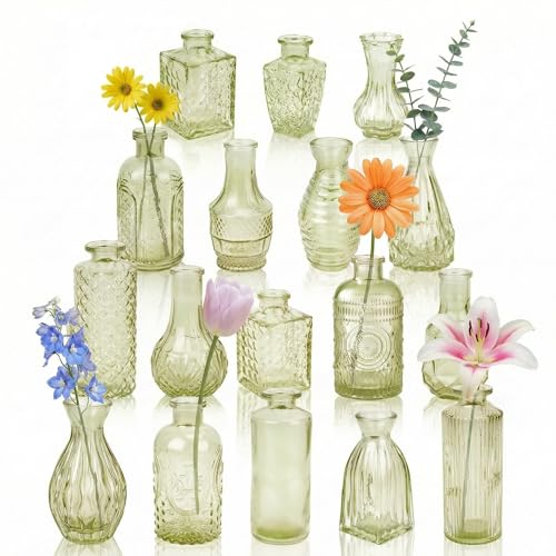 Glass Bud Vases in Bulk Set of 17, Green Small Mini Vases for Flowers, Vintage Vase for Centepiece,Wedding, Table Decor, Baby Shower, Christmas, Home and Events - color: Green
