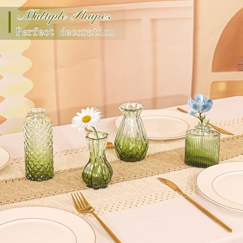 Set of 4 Glass Bud Vase Set, Small Vintage Clear Flower Vase Centerpieces for Table Bulk Cute Rustic Style Mini Vase for Home Decor Wedding Baby Shower Birthday Party(Ombre Green) - color: Ombre Green