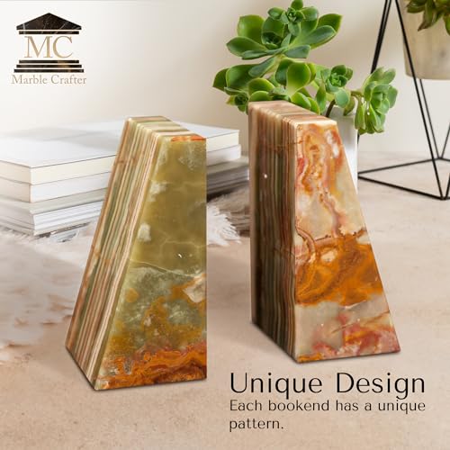 Modern Wedge Marble Bookends – Hand Carved, Polished Stone Bookends w/Non-Slip Rubber Pads – Lightweight & Compact Decorative Bookends (Whirl Green Onyx) - color: Whirl Green Onyx